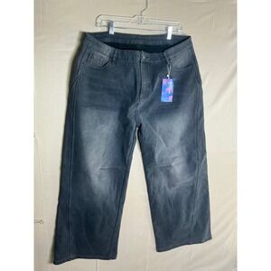 Fleece Lined Wide Leg Jeans Faded Black High Waisted Cropped Denim 2XL NEW